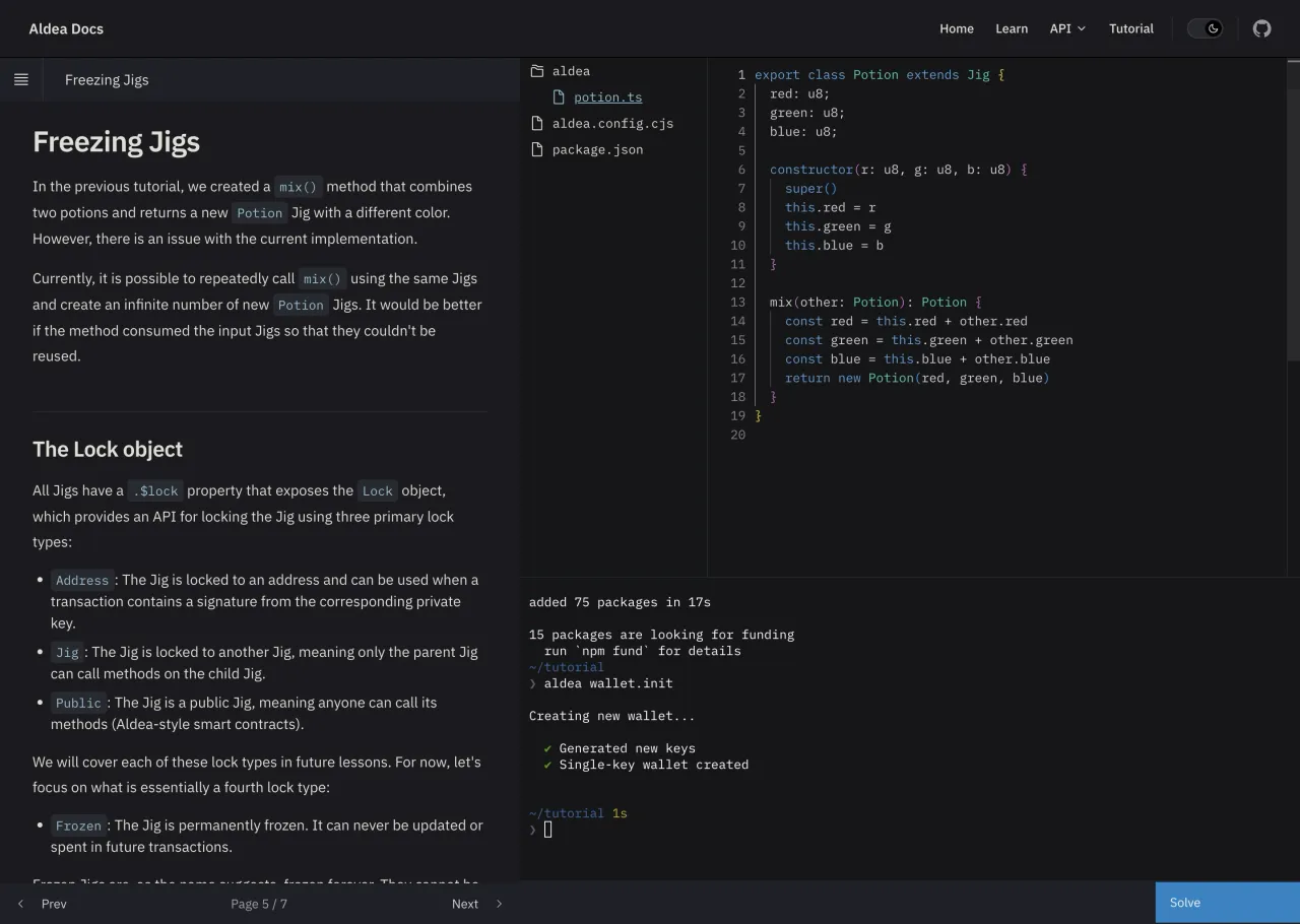 Aldea's interactive tutorial, with a browser-based, full-featured dev environment.